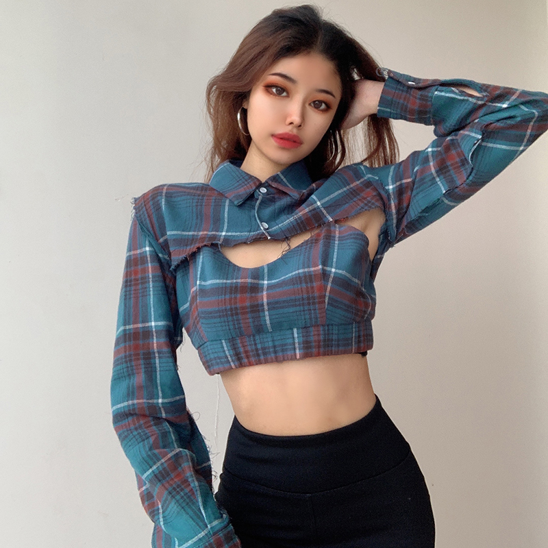 Waatfaak Plaid Print Long Sleeve Crop Top T Shirt Women Patchwork 2 Pieces Turn-down T-shirt Harajuku High Street