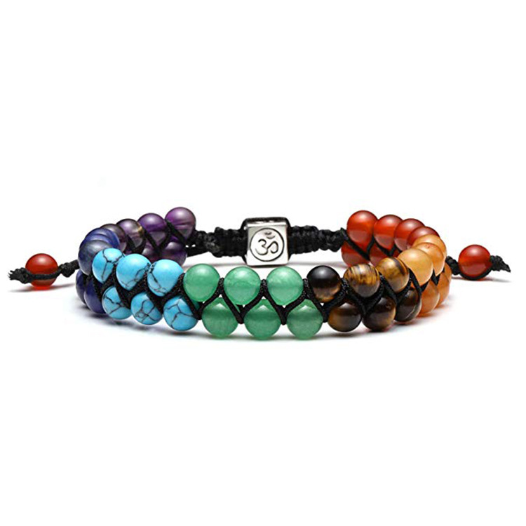 Natural Stone Volcanic Lava Stone Double Row Bracelet Seven Chakra Yoga Green Aventurine Woven Adjustable Double Layer Bracelet