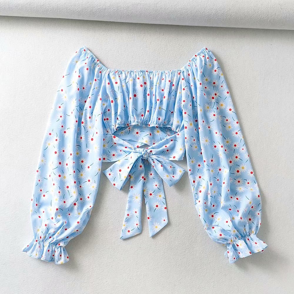 All-match Slimming Short Umbilical Floral Back Tie Puff Sleeve Top