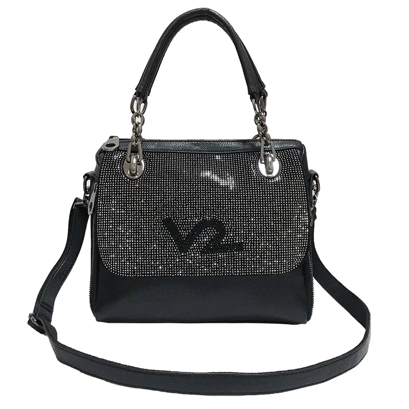 Large-Capacity Leather Handbag With Rhinestones - Black