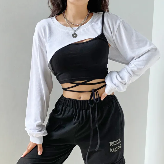 Fake Two T Shirts With Straps Black - Shop at LoveMi