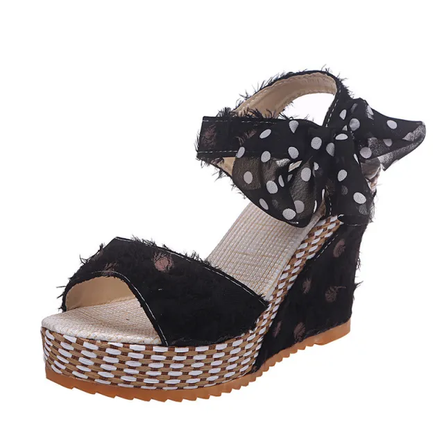 Wedge Heel Buckle Polka Dot Sandals Black - Shop at LoveMi
