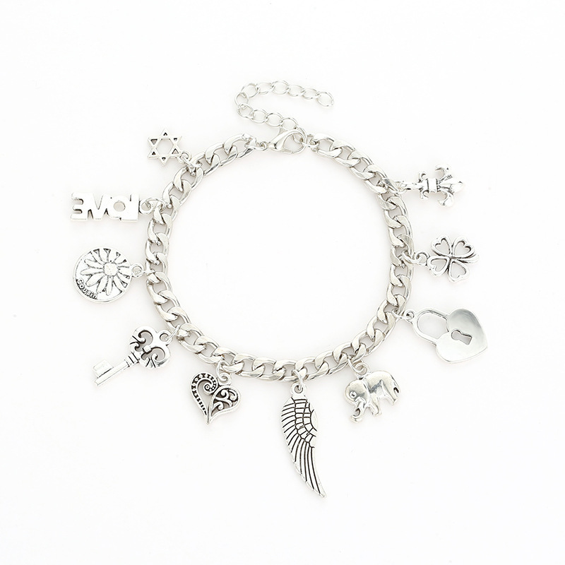 Elephant Letter Four Leaf Clover Pendant Bracelet
