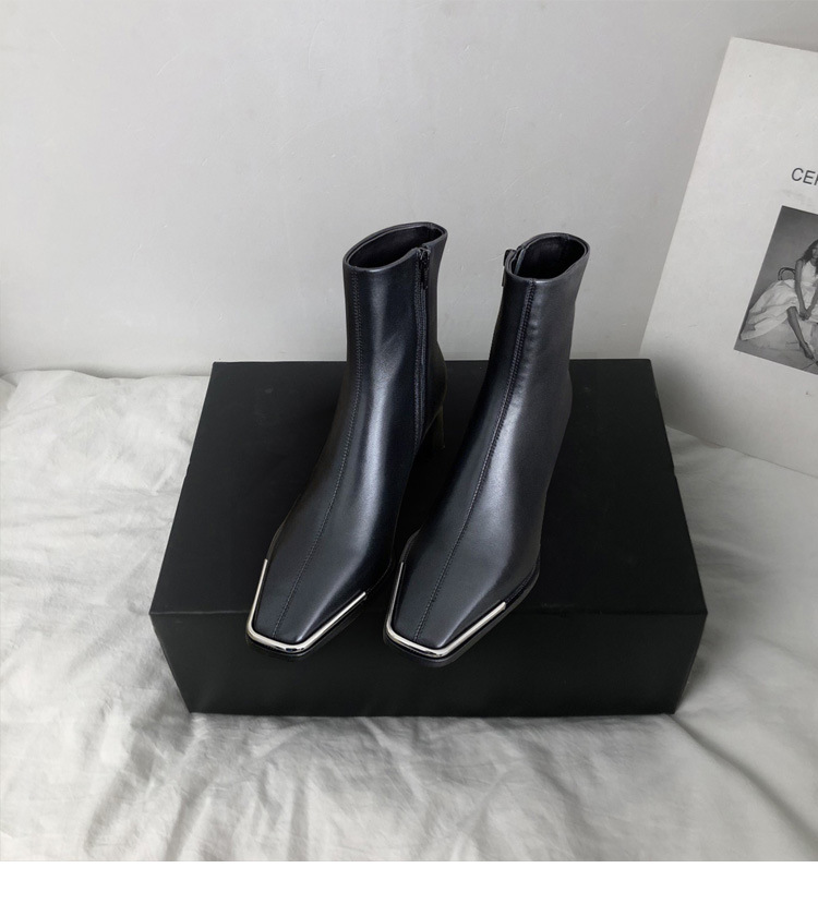 All-leather Square-Toe Zipper Thick Heel Single Boot Ankle Boots