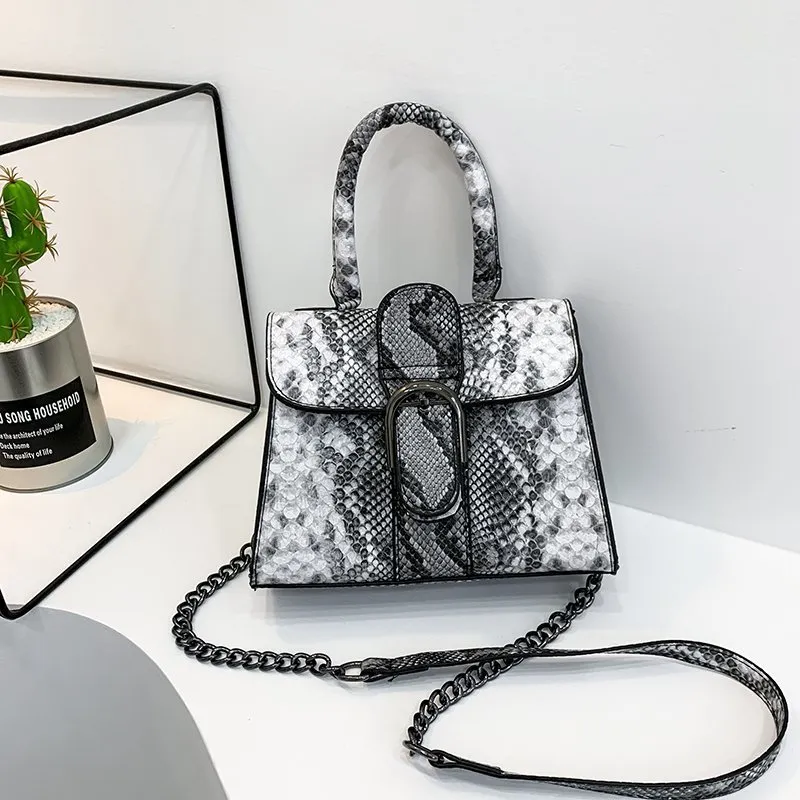 Small Bag Women's Spring And Summer New Korean Snake Print Small Square Bag Fashion Simple Messenger Single Shoulder Handbag - White
