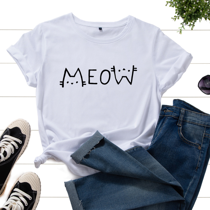 Cat Round Neck Simple Short Sleeves