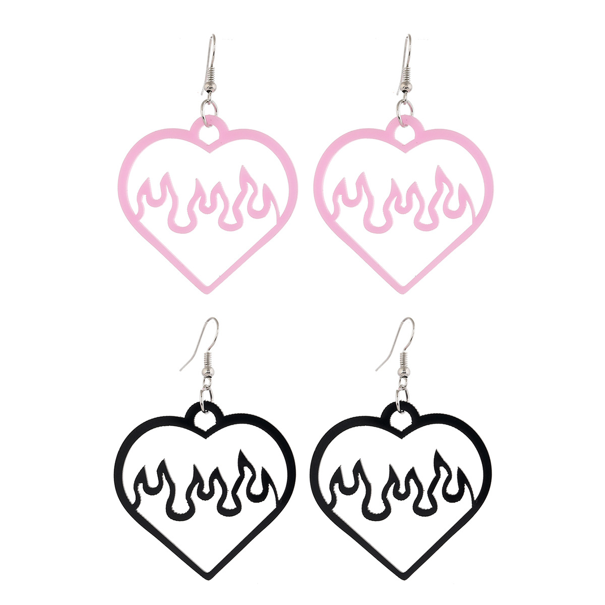 simple style two-tone acrylic black pink hollow heart sparkle flame earrings