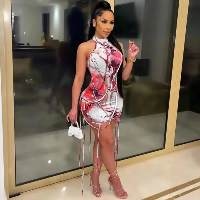 New Casual Personality Rope Decoration Printed Dress Pink - Shop at LoveMi
