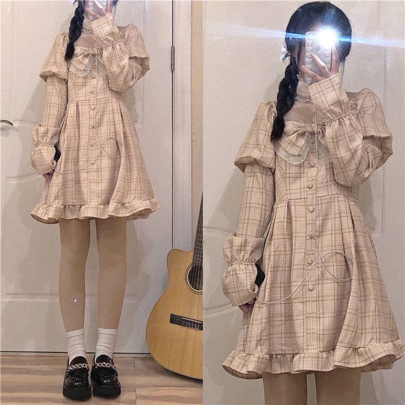 Retro Waist Slimming Dress New Spring Female Puff Sleeve Plaid Lace Bow Skirt Square Collar