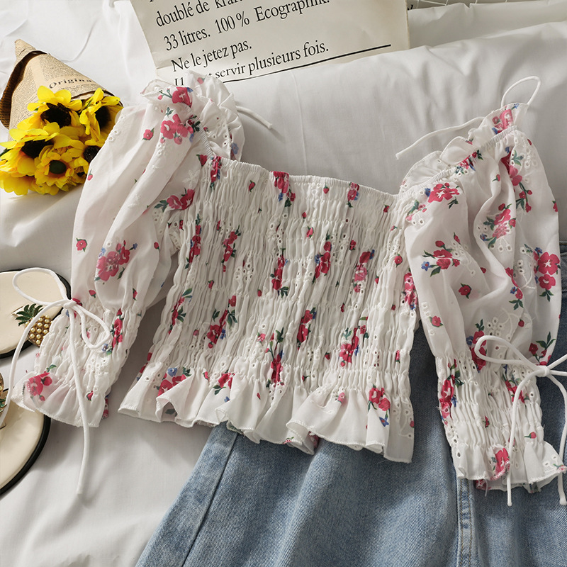 Summer Pleated Slim-fit Wood Ear Print T-shirt