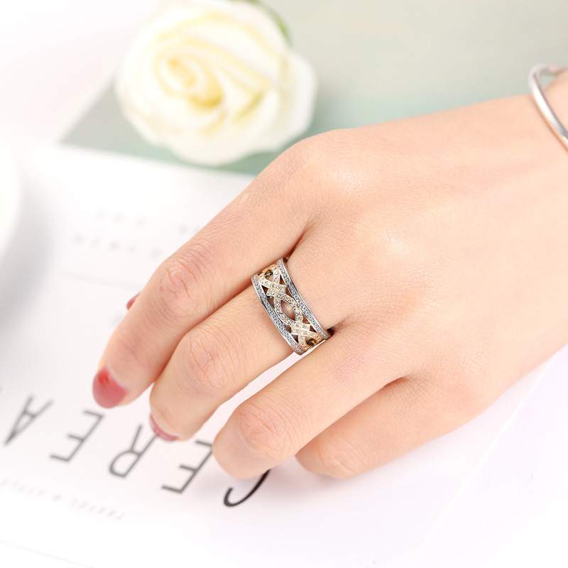 European And American Two-tone Gold Zircon Jewelry Hollow Ring