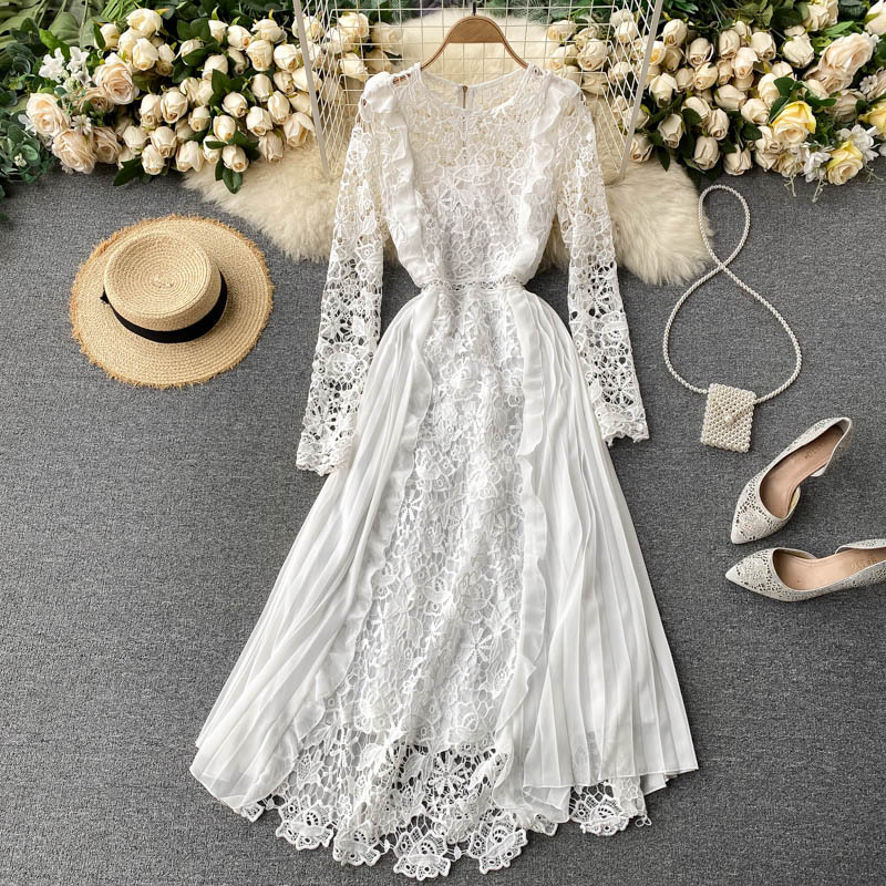 Lace-Sleeve Pleated Chiffon Midi Dress, picture 7 of 7
