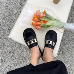Metal Buckle Small Leather Shoes Comfortable Lazy Half Slippers - Black - View 1
