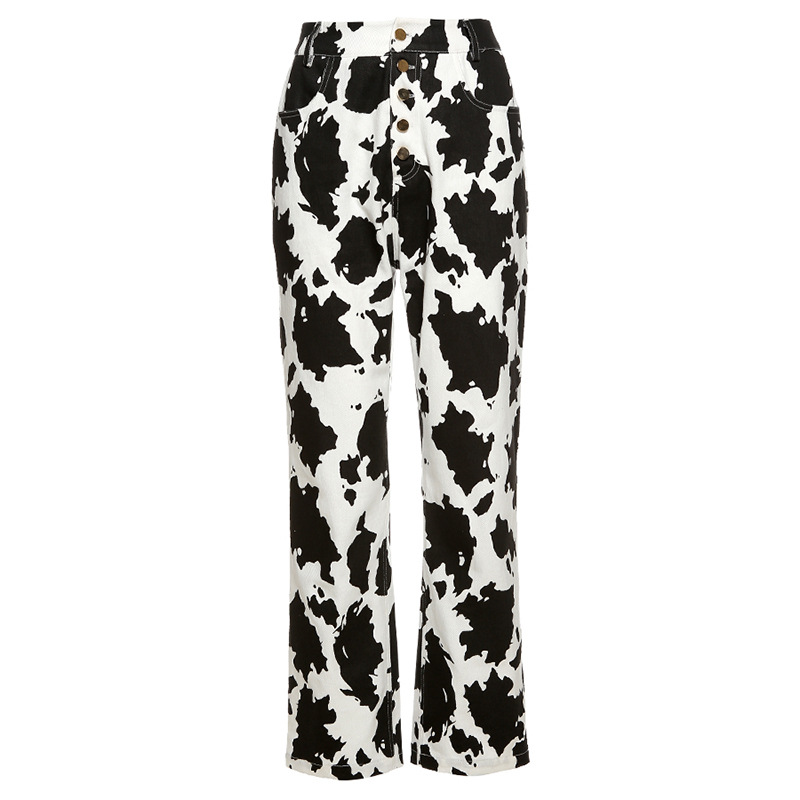 Cow Print Jeans Women's All-match Slim Straight-leg Pants