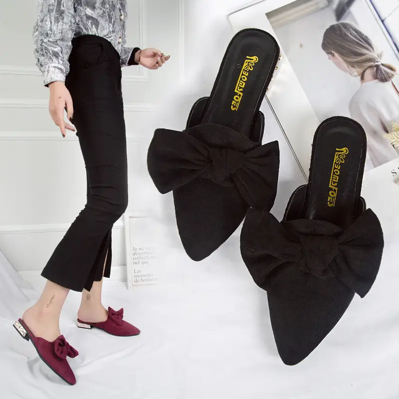 Flat-Bottomed Pointed Suede Fashion Lazy Half-Drag Baotou Slippers