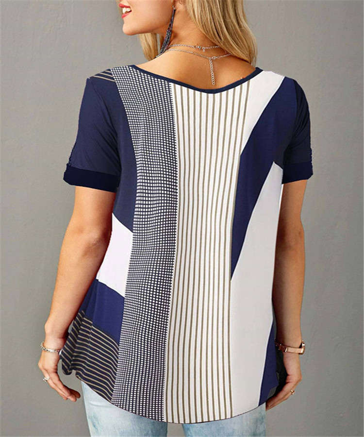 Printed Round Neck Button Short-sleeved T-shirt