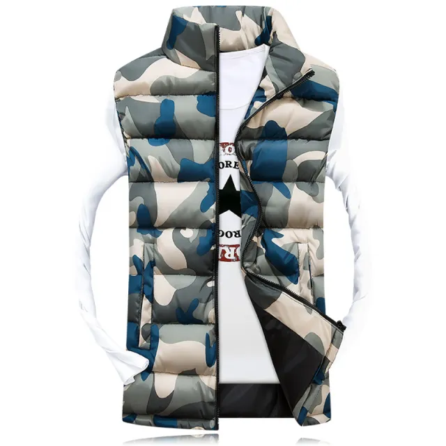 Stand Up Collar Camouflage Couple Men'S Waistcoat Jacket Korean Style Slim Waistcoat Blue - Shop at LoveMi