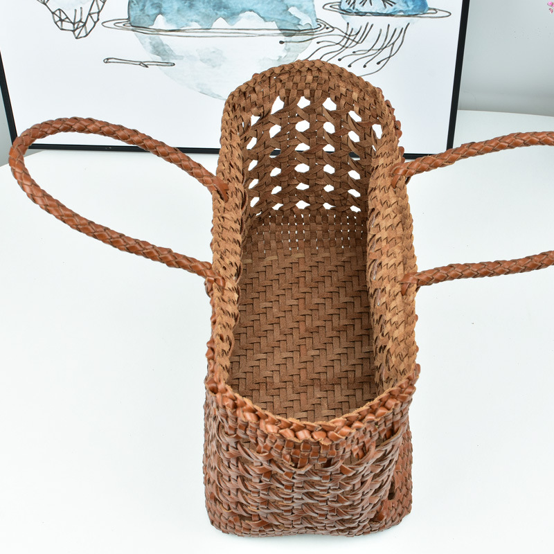 Food Basket Bag First Layer Cowhide Woven Bag Hollow Style