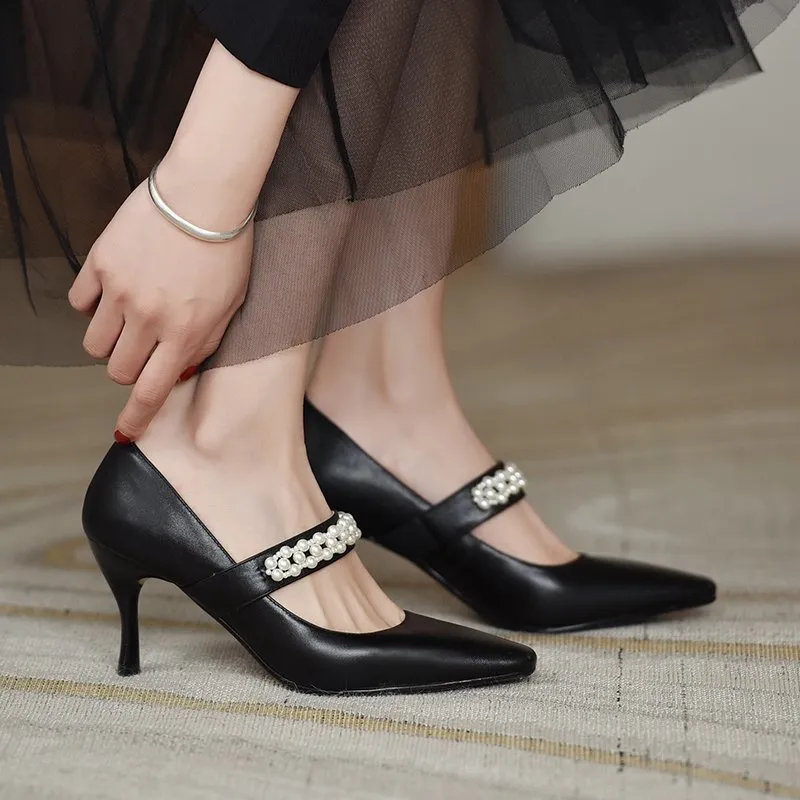 Fashion Stiletto Soft Leather Pearl High Heels - Black