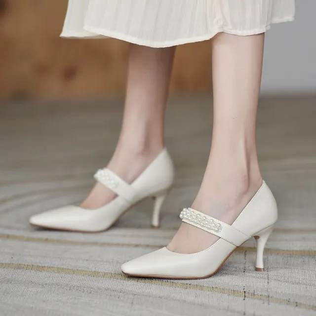 Fashion Stiletto Soft Leather Pearl High Heels White - Shop at LoveMi