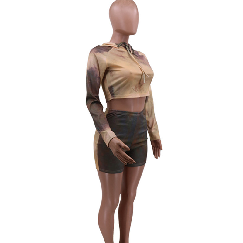 Fashion Tie-dye Wear Hat Sweater Casual High Waist Shorts Two-piece Suit