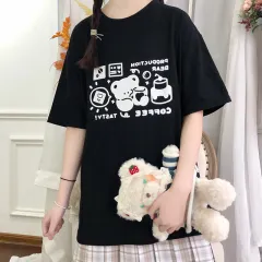 Girl Loose Japanese Short-sleeved T-shirt - Black - View 1