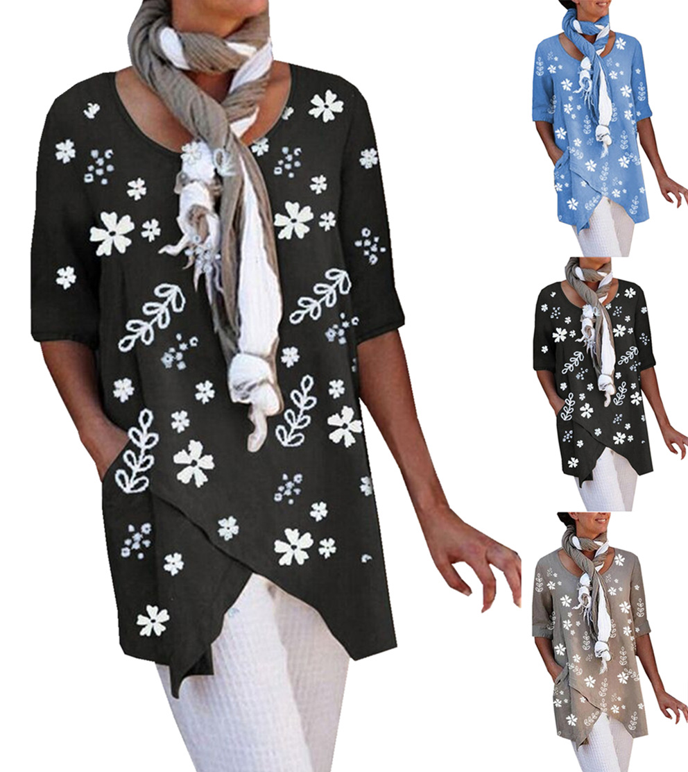 Floral Print Round Neck Ladies Short Sleeves