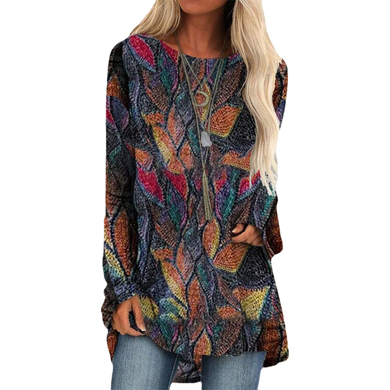 Retro Print Casual Crew Neck Pullover T-shirt