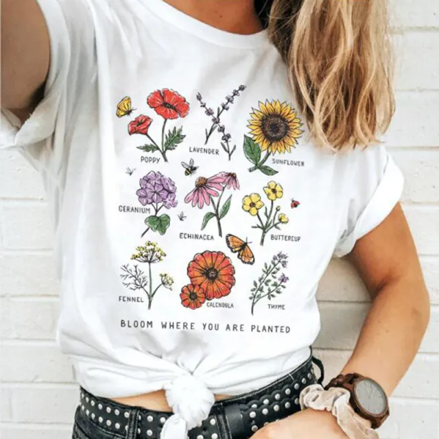 Plant Flower Pattern Printed T Shirt Modal Wildflower Short Sleeve O - Shop at LoveMi
