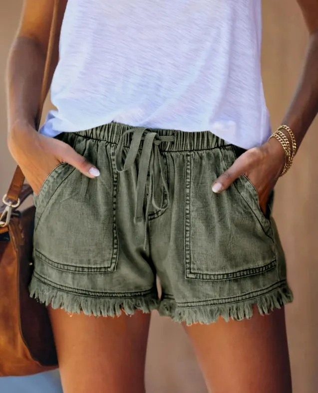 Nuovo Arrivo Casual Estate Vendita Calda Tasca Jeans Denim Donna Pantaloncini Alta Nappa Fasciatura Jeans Corti Sexy Armygreen - Shop at LoveMi