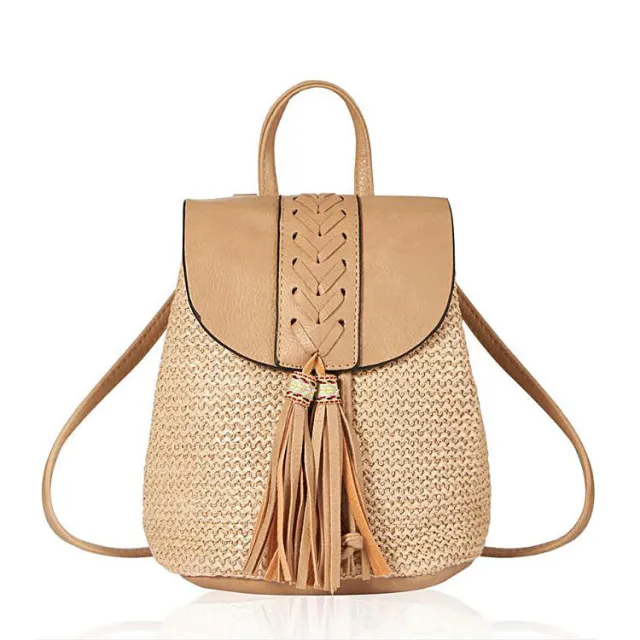 Spring And Summer New Style Straw Woven Women'S Backpack Simple Ppstraw Beach Bucket One Shoulder Diagonal Women'S Bag Khaki - Shop at LoveMi