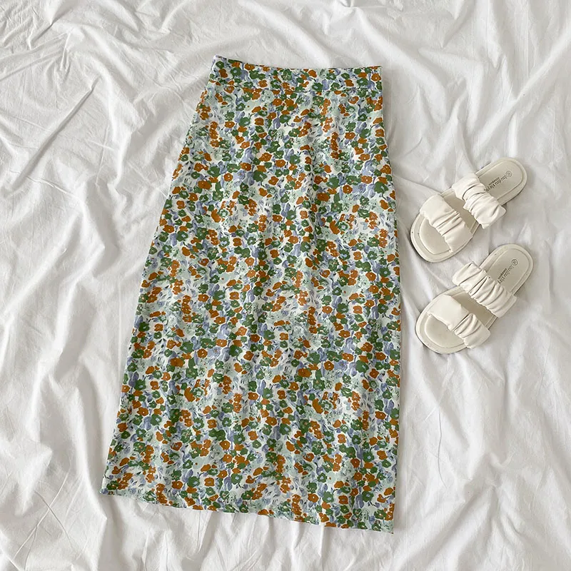 New Women'S Korean Style Salt And Sweet Super Fire Short-Sleeved T-Shirt Floral High-Waist Skirt - Green Skirt