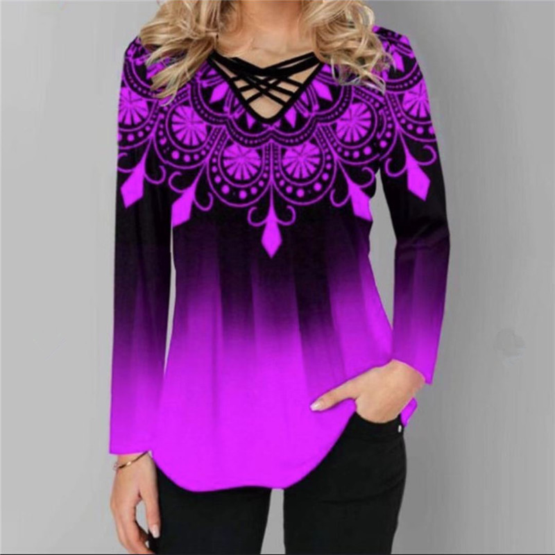 Fashion Digital Printing Long-sleeved Y-neck T-shirt