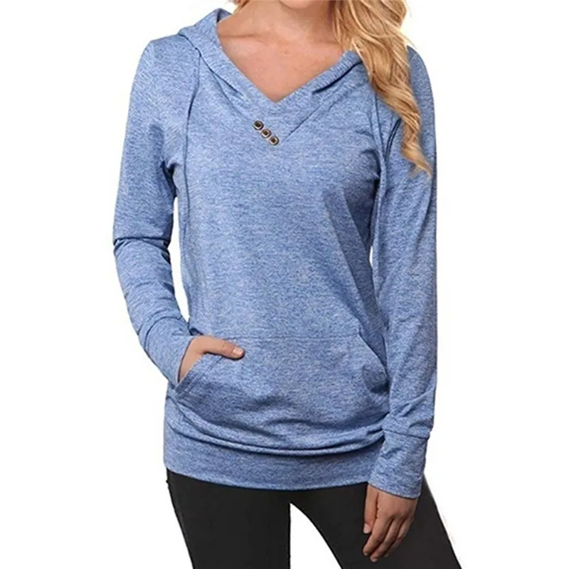 Solid Color Hooded V-Neck Pullover Sweatshirt - Color Blue
