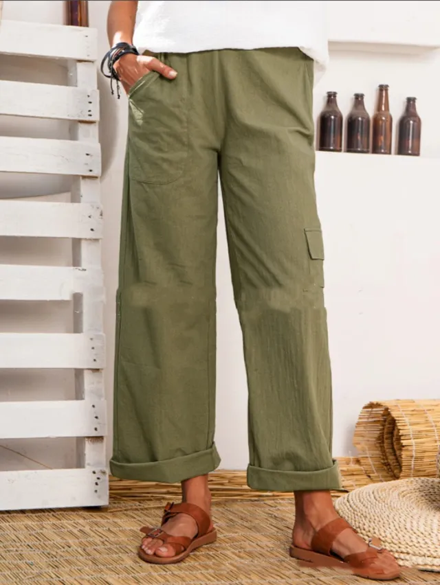 Cotton And Linen Multi pocket Cotton And Linen Casual Pants Army Green - Shop at LoveMi