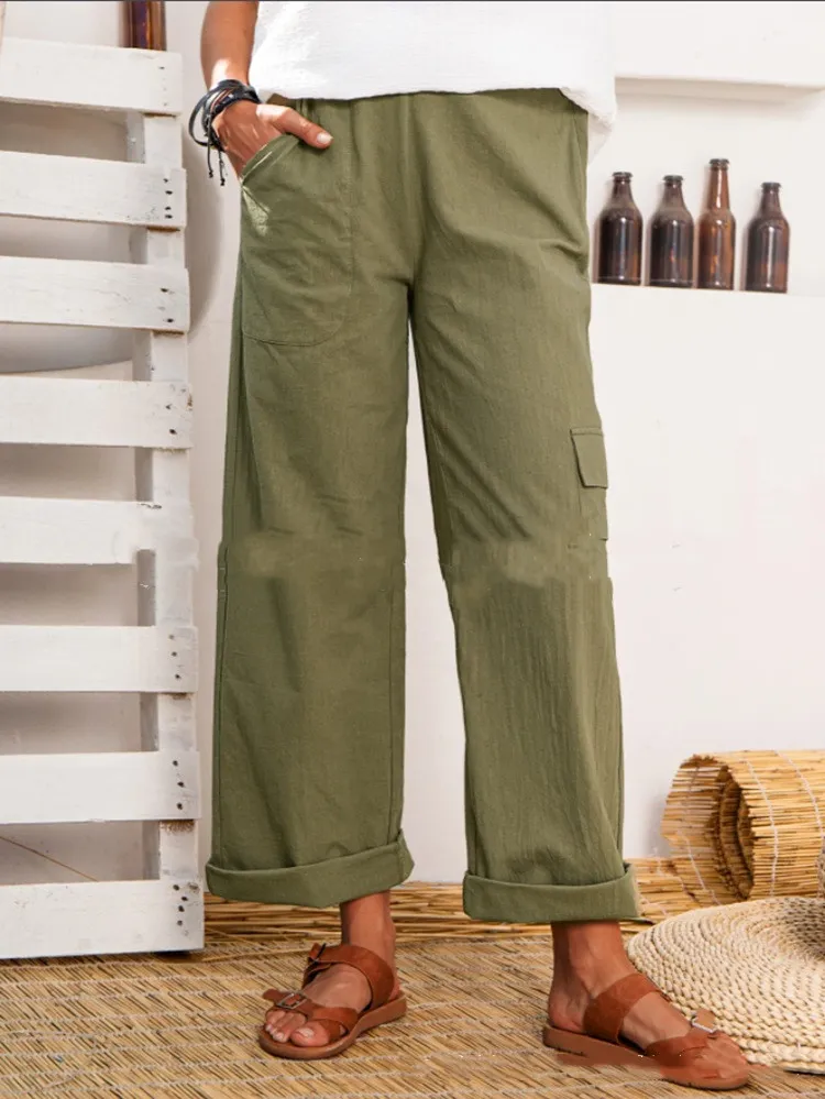 Cotton And Linen Multi-pocket Cotton And Linen Casual Pants - Army Green