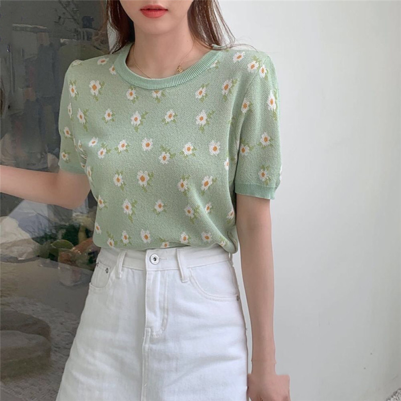 Title 1, Round Neck Small Floral Knit Short-Sleeved T-Shirt