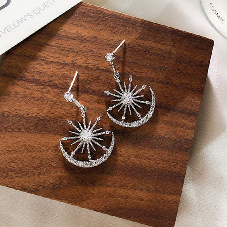 S925 Silver Needle Stud Earrings Temperament Sun Star Moon Earrings