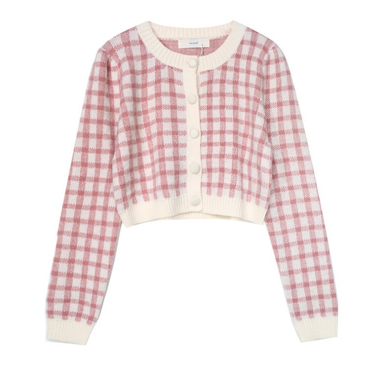 Title 3, Small Plaid Fragrant Wind Sweater Cardigan Wome...