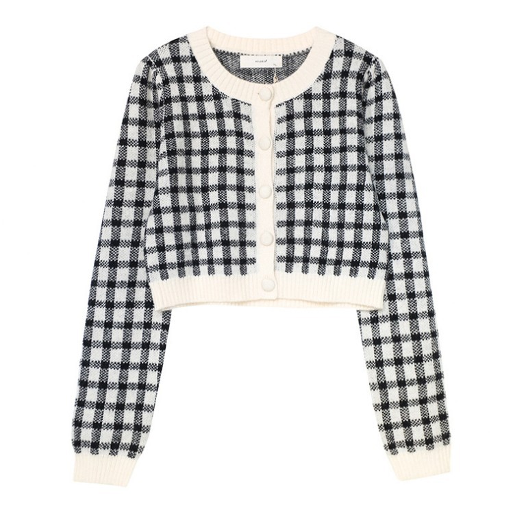 Title 4, Small Plaid Fragrant Wind Sweater Cardigan Wome...