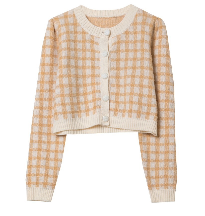 Title 5, Small Plaid Fragrant Wind Sweater Cardigan Wome...