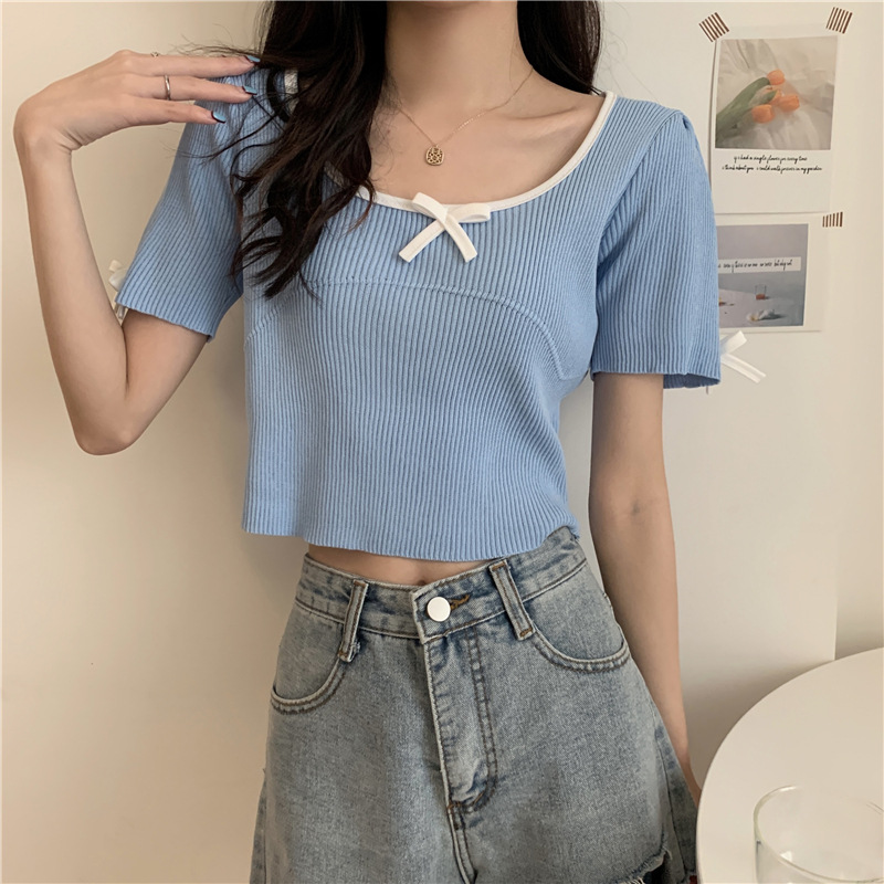 Slim-Fit Cropped Bow Knit Top