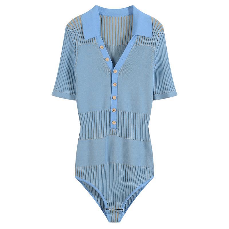 Blue Slim-Fitting Ice Silk Short-Sleeved Sweater Women'S V-Neck