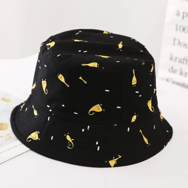 Tie dyed Fisherman Hat Female Double sided Thin Style Leisure Travel Sunshade Flat Top Basin Little Duck Black - Shop at LoveMi
