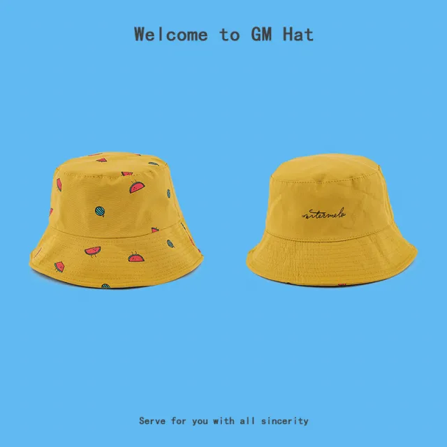 Tie dyed Fisherman Hat Female Double sided Thin Style Leisure Travel Sunshade Flat Top Basin Watermelon Yellow - Shop at LoveMi