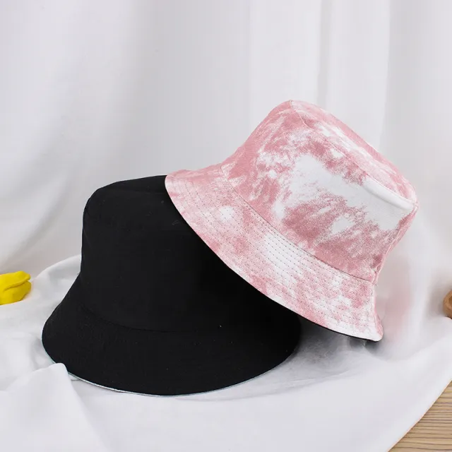 Tie dyed Fisherman Hat Female Double sided Thin Style Leisure Travel Sunshade Flat Top Basin Pink Tie Dye - Shop at LoveMi