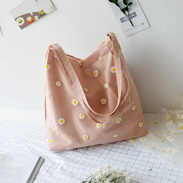 New Canvas Bag Women's Single Shoulder Bag South Korea Lace Daisy Bag Portable Bag Pink - Shop at LoveMi