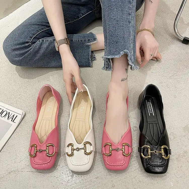 Horsebit Thick Heel Shoes Female Spring And Autumn New French Small Leather Shoes Retro Grandma Shoes Square Toe Shoes