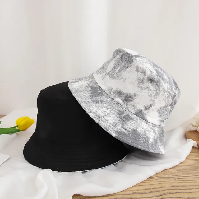 Tie dyed Fisherman Hat Female Double sided Thin Style Leisure Travel Sunshade Flat Top Basin Gray - Shop at LoveMi
