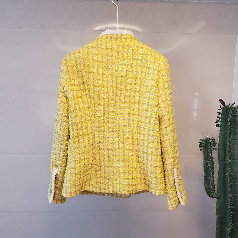 Stand-Up Collar Double-Breasted Tweed Coat